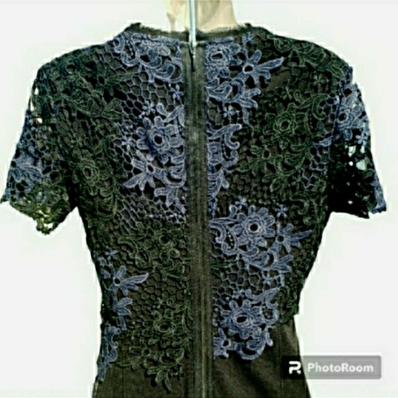 Black Vneck Midi Dress Blue Crochet Overlay NWT 🤍 Retail $168- - Picture 6 of 11